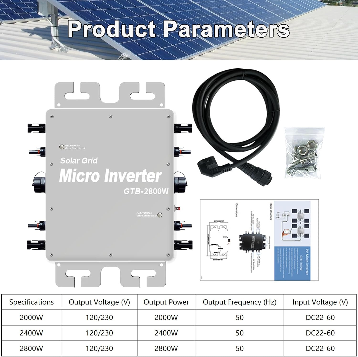 MPPT Solar Micro Inverter 2000W 2400W 2800W, DC 24V-60V to AC 120/230V, for Home Commercial Solar Panels 2400W-Grey