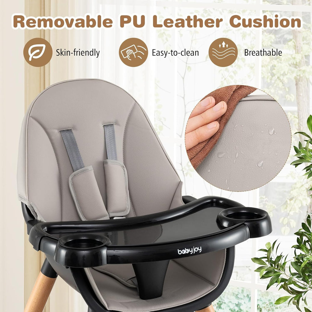 BABY JOY 6 in 1 High Chair, Convertible High Chairs for Babies and Toddlers/Booster Seat/Table and Chair Set, Infant Wooden Highchair w/ 5-Point Harness, 4-Position Removable Tray & PU Cushion (Black)