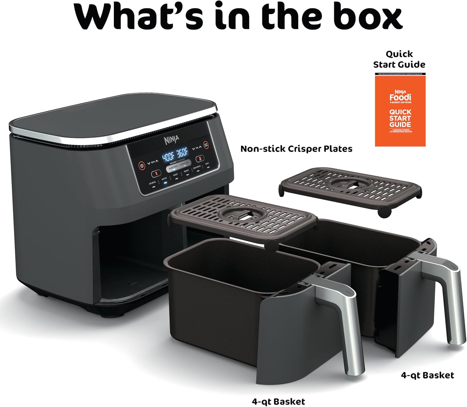 Ninja DZ201 Foodi 8 Quart 6-in-1 DualZone 2-Basket Air Fryer with 2 Independent Frying Baskets, Match Cook & Smart Finish to Roast, Broil, Dehydrate & More for Quick, Easy Meals, Grey