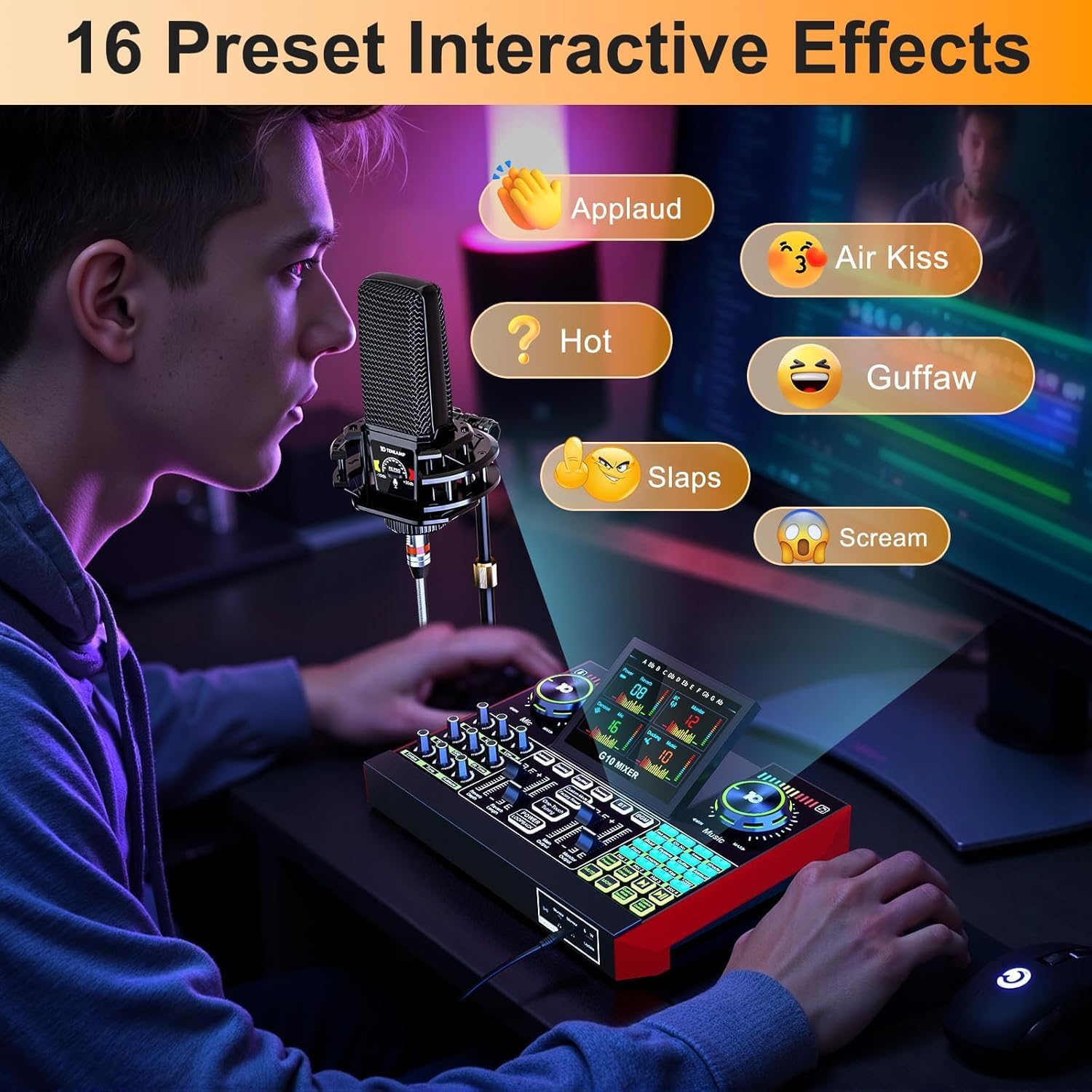 Podcast Equipment Bundle Audio Mixer with Studio Condenser Microphone, Live Sound Card Audio Mixer Interface, Sound Board, Sound Card with Voice Changer Denoise for PC Recording Gaming Podcasting