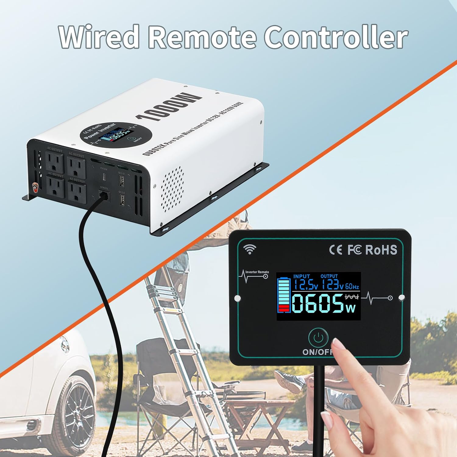 1000 Watts Power Inverter Peak Power 2000W Pure Sine Wave 12V DC to 120V AC RV Converter with Wireless Remote Control LCD Display 4 AC Outlets Dual USB Port Type C Off Grid Solar Inverter