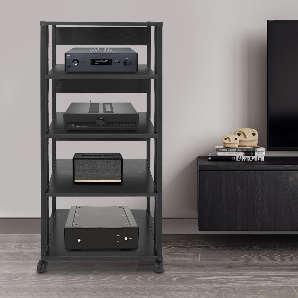 5-Tier Av Media Stand, Media Console Cabinet with Four Lockable Wheels & Adjustable Spacing, Metal Audio Tower Rack Equipment shelf for Amplifier Stereo Karaoke Machine Projectors CD/DVD Players Etc