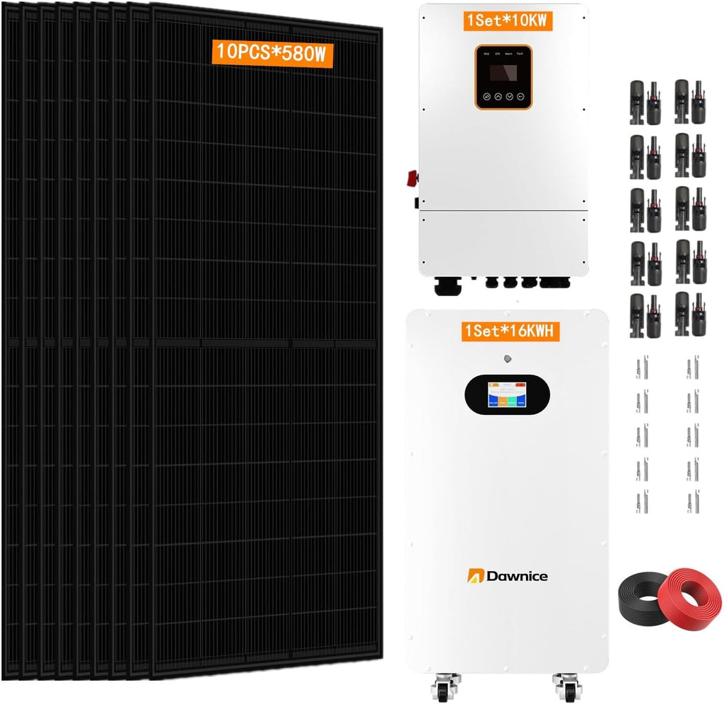 10KW Hybrid Solar Power System Complete Kit Home Kit with 5.8KW Solar Panels+48V Hybrid Inverter+ 51.2V LiFePo4 Solar Battery (10P* 580W PV+1 * 10KW Inverter+1 * 16KWH Battery)