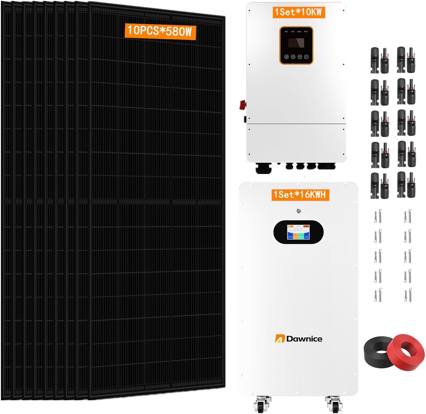 10KW Hybrid Solar Power System Complete Kit Home Kit with 5.8KW Solar Panels+48V Hybrid Inverter+ 51.2V LiFePo4 Solar Battery (10P* 580W PV+1 * 10KW Inverter+1 * 16KWH Battery)