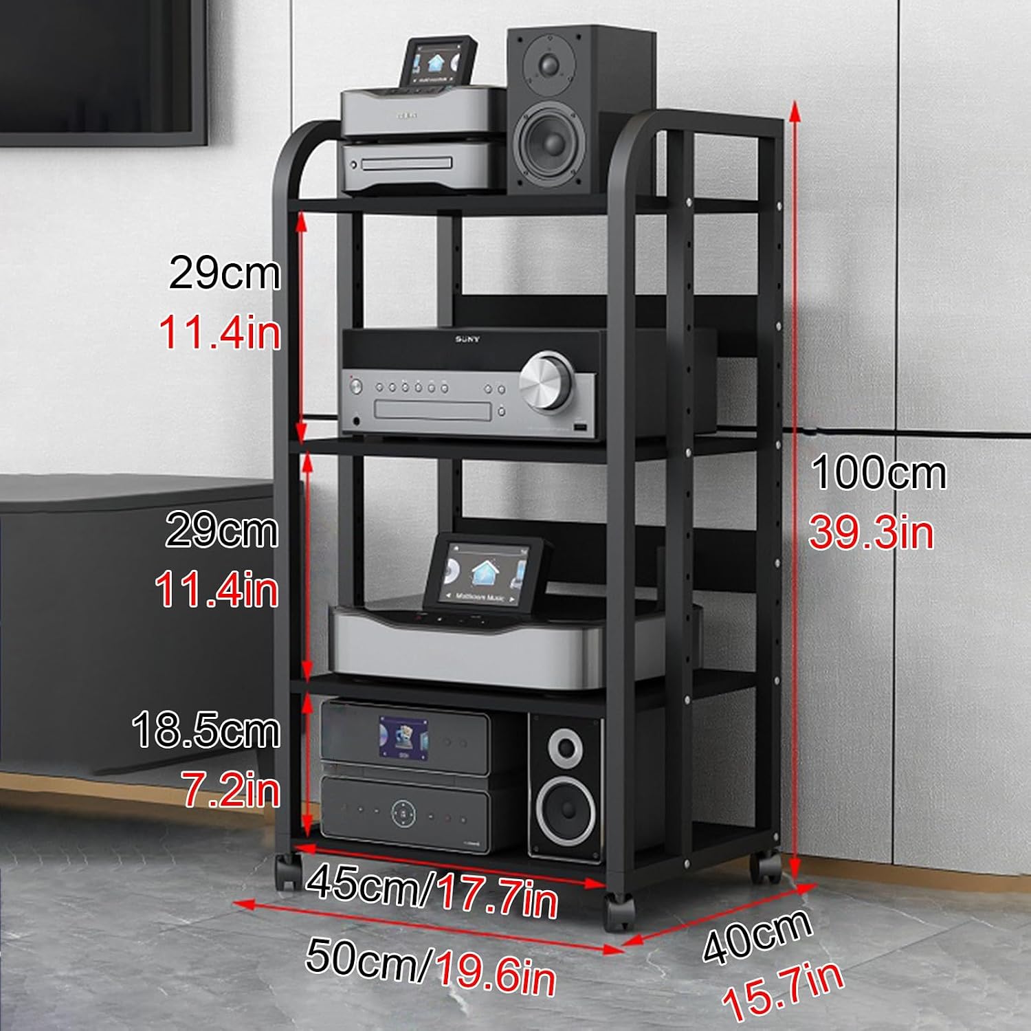 WDJBPSH Rolling Audio Equipment Storage Cart, Heavy Duty Media Rack with Height Adjustable Wooden Shelf, Office Bedroom Living Room Av Stereo Rack, Space-Saving (Size : 4 Tier-H100cm/39.3in)