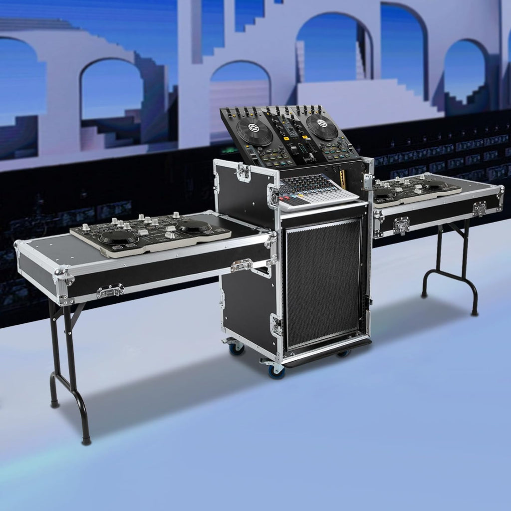 14U PA Audio Rack 2 Tiers Studio Rack with 2*DJ Table Tops, Mobile Flight Case Frame Server Rack with Wheels DJ Table DJ Rack for Studios Parties KTVs