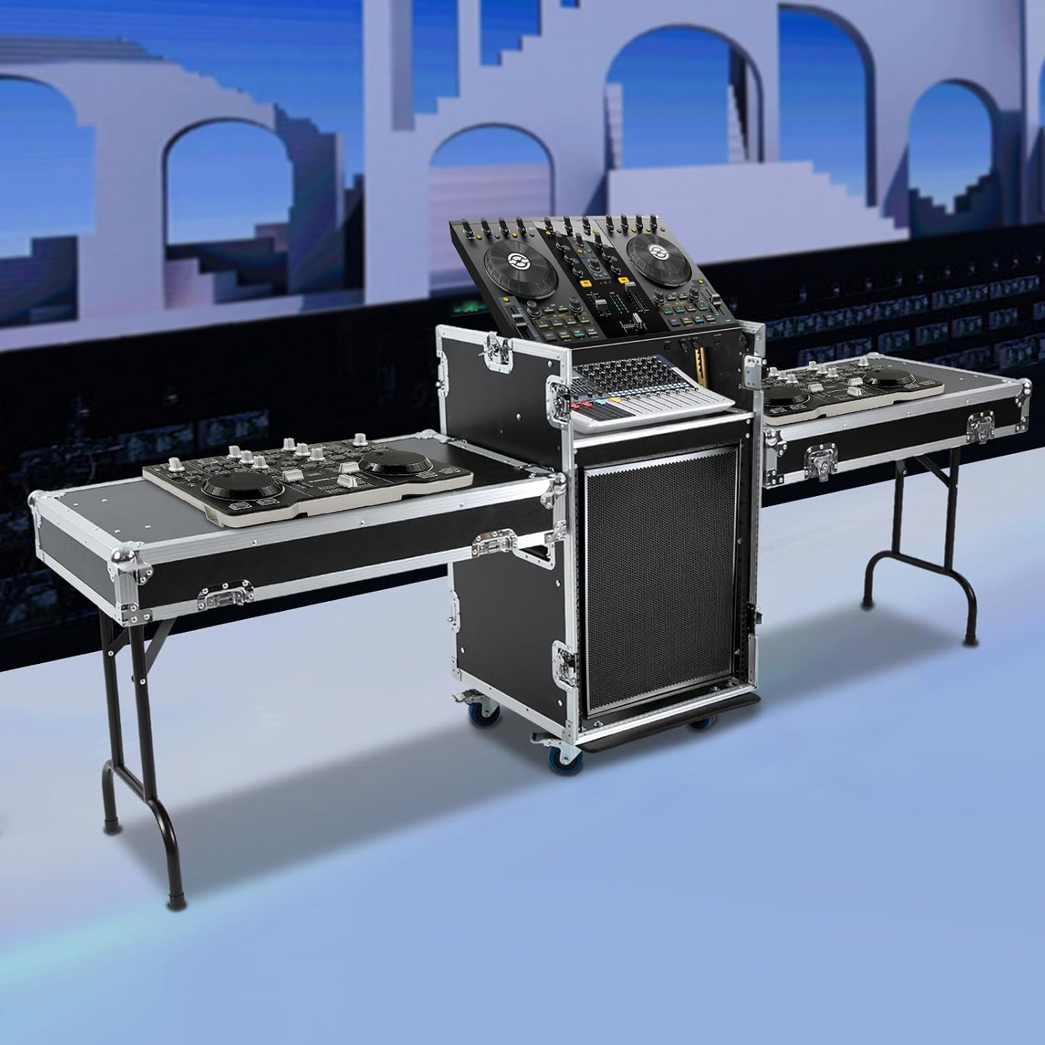 14U PA Audio Rack 2 Tiers Studio Rack with 2*DJ Table Tops, Mobile Flight Case Frame Server Rack with Wheels DJ Table DJ Rack for Studios Parties KTVs