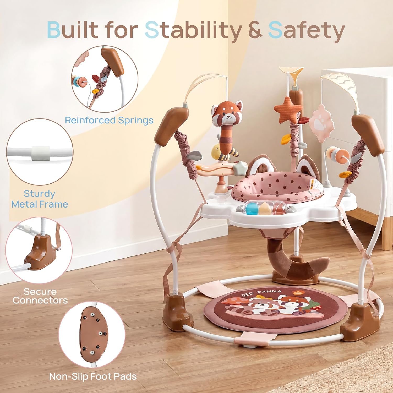 Baby Activity Center, Baby Jumper Activity Center with Music, Interactive Toys, 360° Rotating Seat, 3 Adjustable Heights, Infant Activity Jumper for 6+ Months (Red Panda)