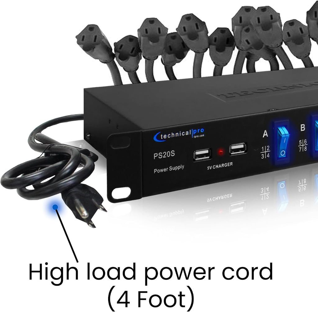 Power Supply Strip Unit Surge Protector - 19' Rack Mount 20 Outlet Including 16 Rear Panel 120V 3-Prong Plug sockets, 4 Front Panel AC Outlets, 3X 5V USB Charging Ports by Technical Pro