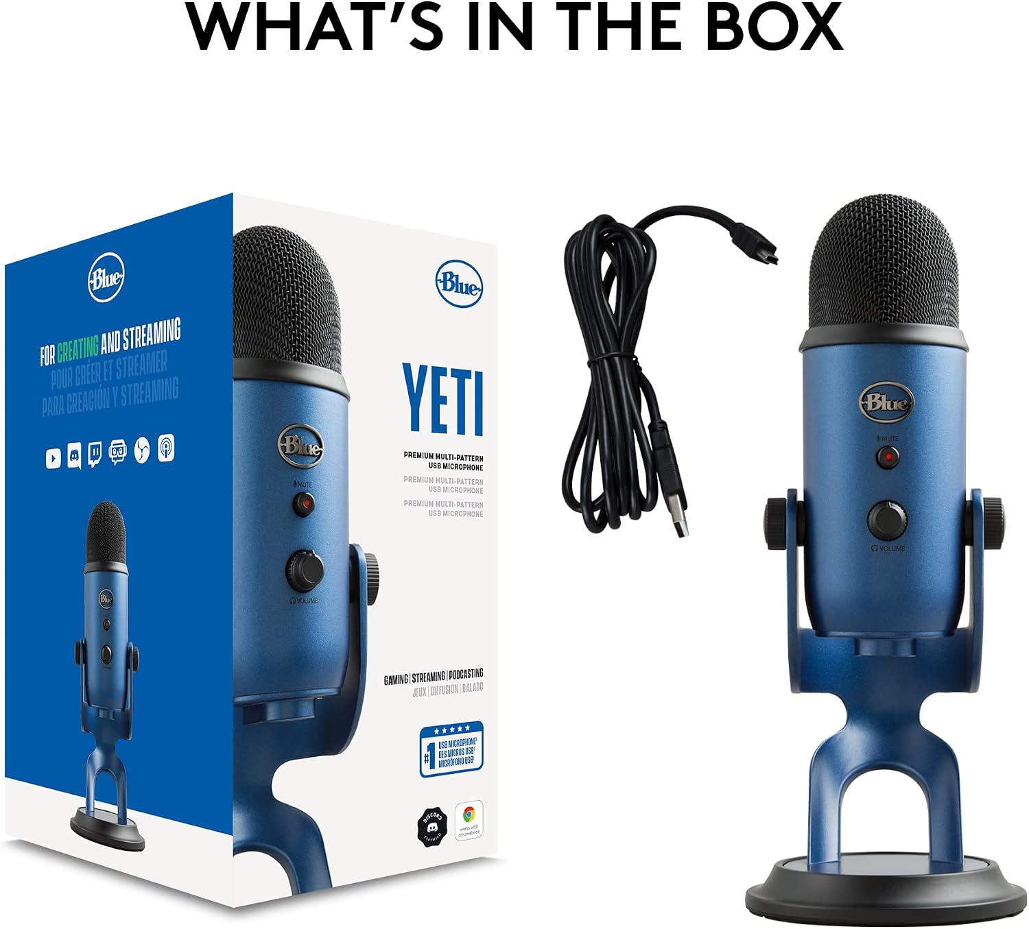 Logitech Creators Blue Yeti USB Microphone for PC, Mac, Gaming, Streaming, Podcasting, Studio and Computer Condenser Mic with Blue VO!CE Effects, 4 Pickup Patterns, Plug and Play - Midnight Blue