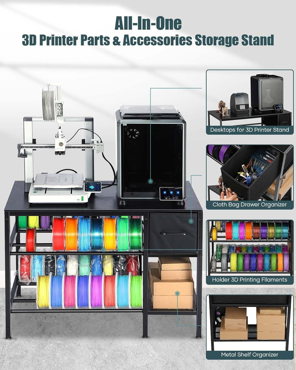 3D Printer Table with Filaments Storage - 3D Printer Stand Filament Storage Rack Heavy Duty 3D Print Desk with Drawer for Workshop Studio Office (Black)