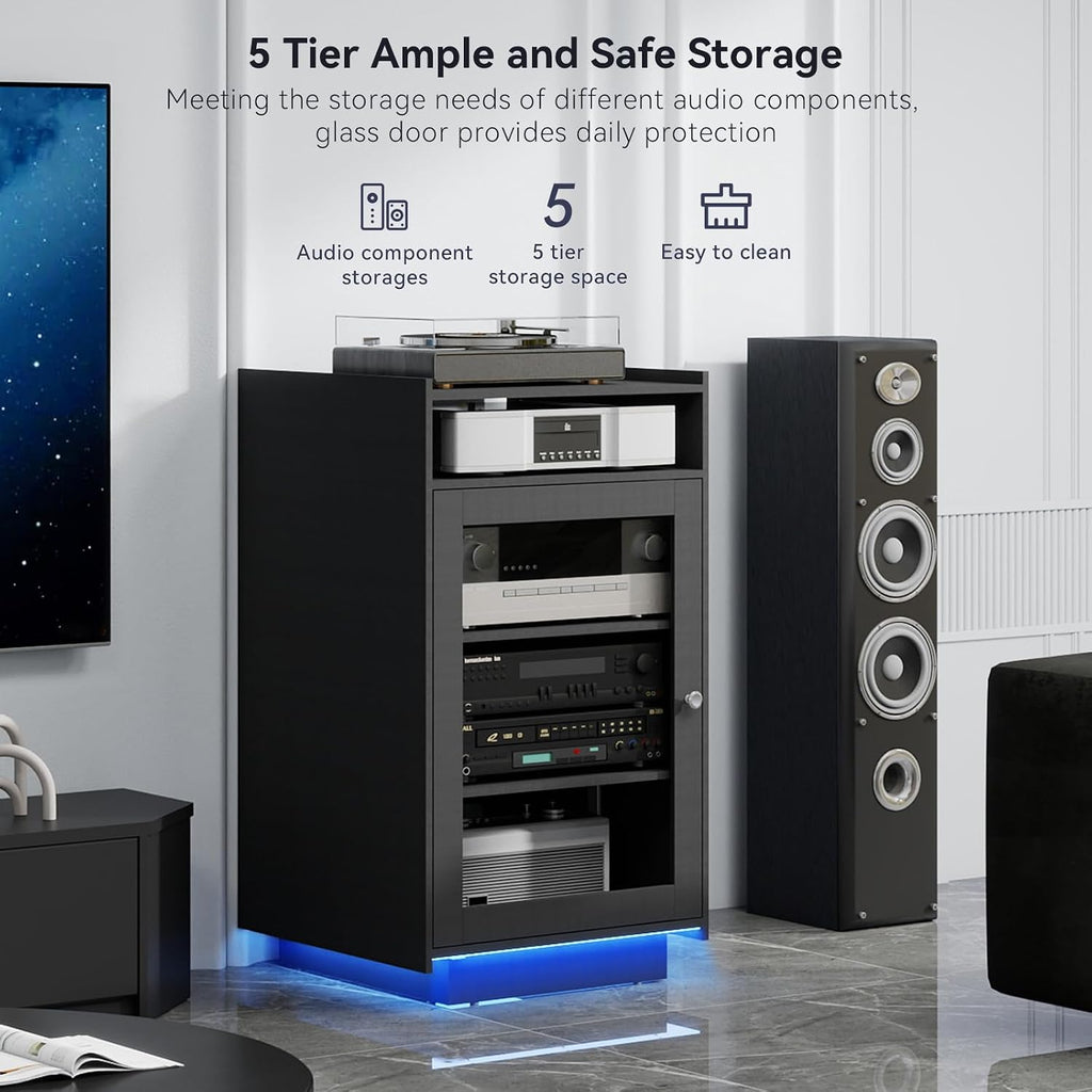 ELECWISH Media Cabinet with Tempered Glass Door, 5-Tier Stereo Cabinet with Adjustable Shelf, Media Stand with LED Light, AV Rack with Cable Management