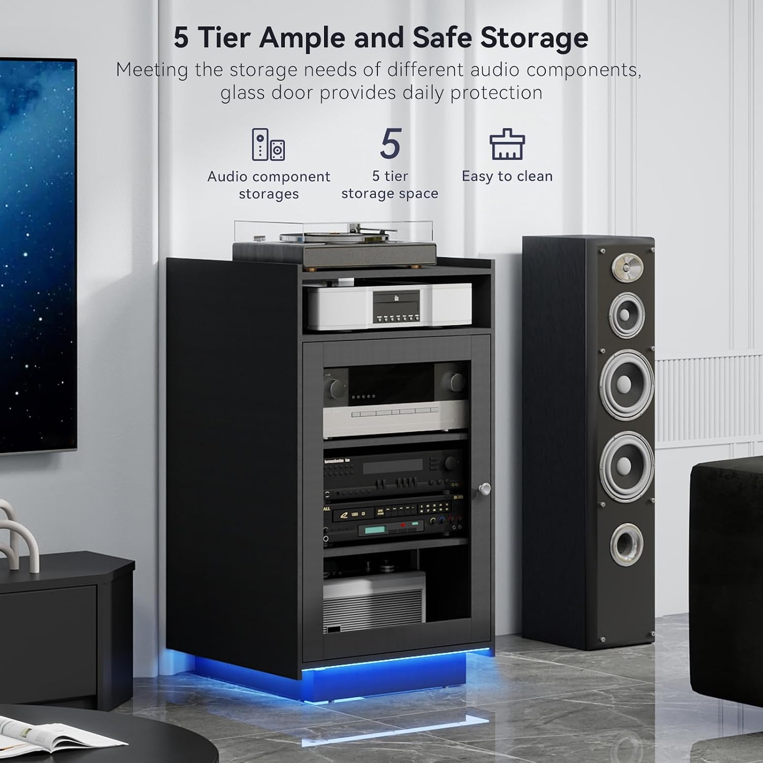 ELECWISH Media Cabinet with Tempered Glass Door, 5-Tier Stereo Cabinet with Adjustable Shelf, Media Stand with LED Light, AV Rack with Cable Management