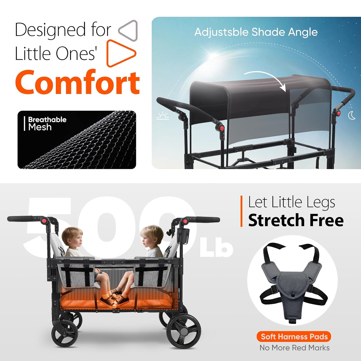 Sekey Wagon Stroller for 2 Kids, Luxury 4-in-1 Stroller Wagon - Premium Quality with Convertible Seats, Adjustable Push Handles, Removable Canopy, Snack Tray & Cooler, US Certified. Gray