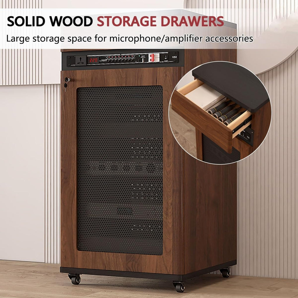 4 Tiers AV Media Stand Corner Shelf, Solid Wood Media Stand with Wheel, Media Storage Cabinet, AV Media Tower Stereo Cabinet, Floor-Standing Audio Rack, Stereo Rack with Drawer(Brown,52 * 55 * 108cm)
