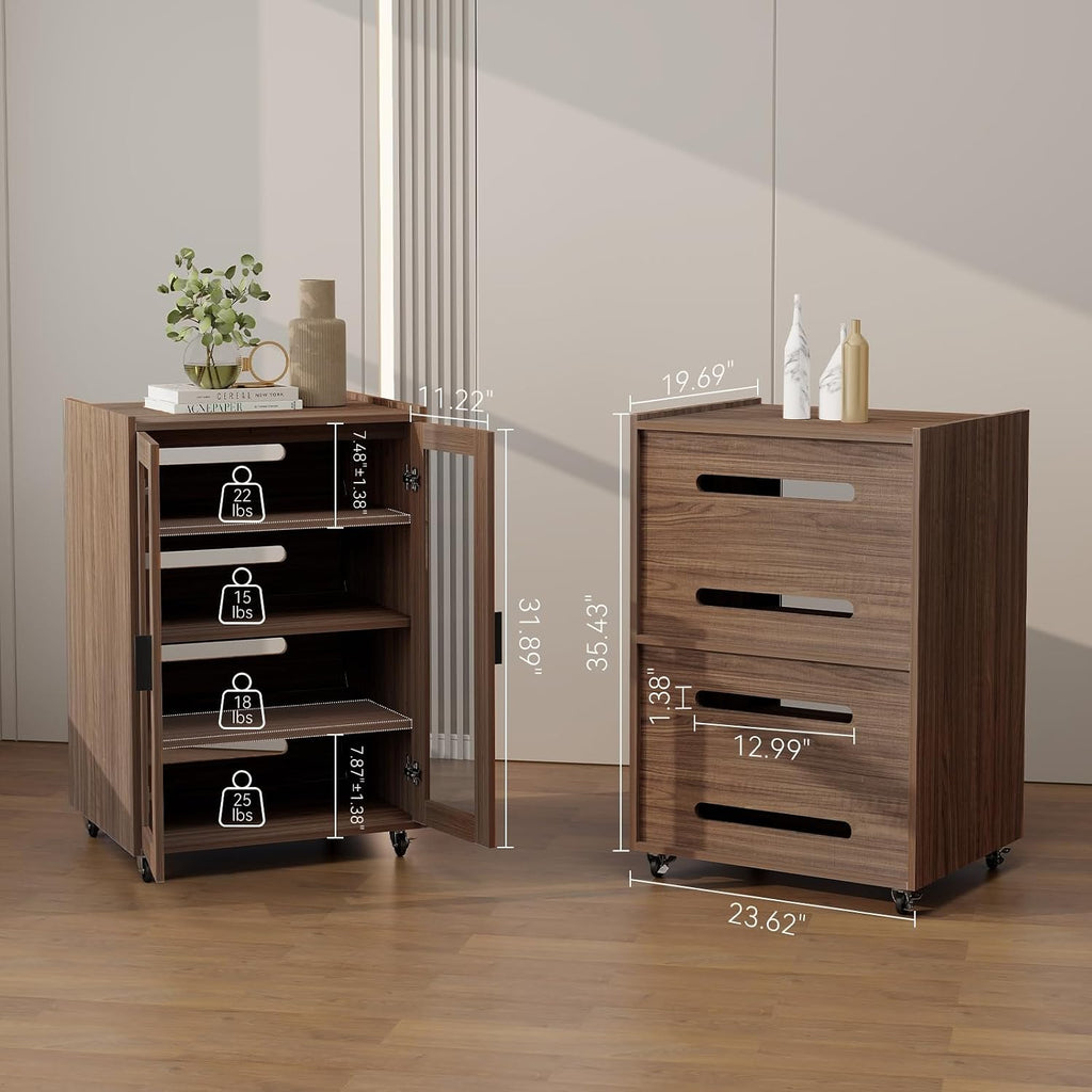 ELECWISH Media Storage Cabinet, Audio-Video Media Stand,Stereo Cabinet with 4 Height-Adjustable Shelves, AV Rack with Glass Doors for Meeting, Living, Recording Room, Brown