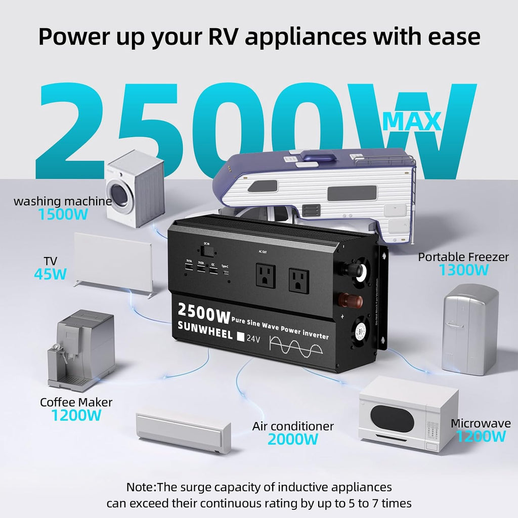 SUNWHEEL 2500W 24V Pure Sine Wave Inverter, 24V DC to 110V/120V AC Power Inverter for RV、Off Grid、Truck、Power Outage with 4 AC outlets and LCD Display