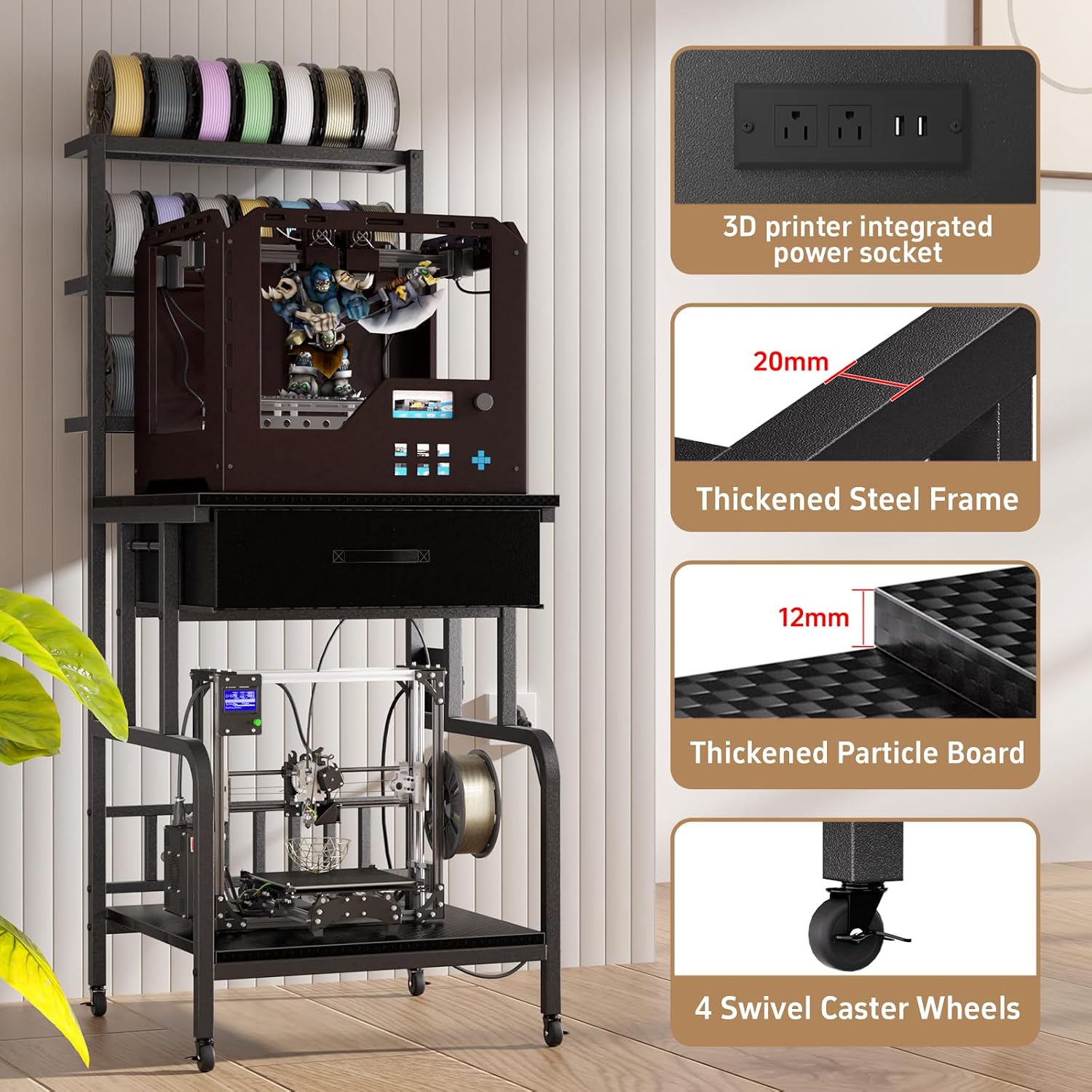 3D Printer Stand with Filament Storage,3D Printer Rack with Storage Drawer，Heavy-Duty 3D Printers Table with Power Outlet，for ABS/PLA/TPU Spools, Home Office Studi