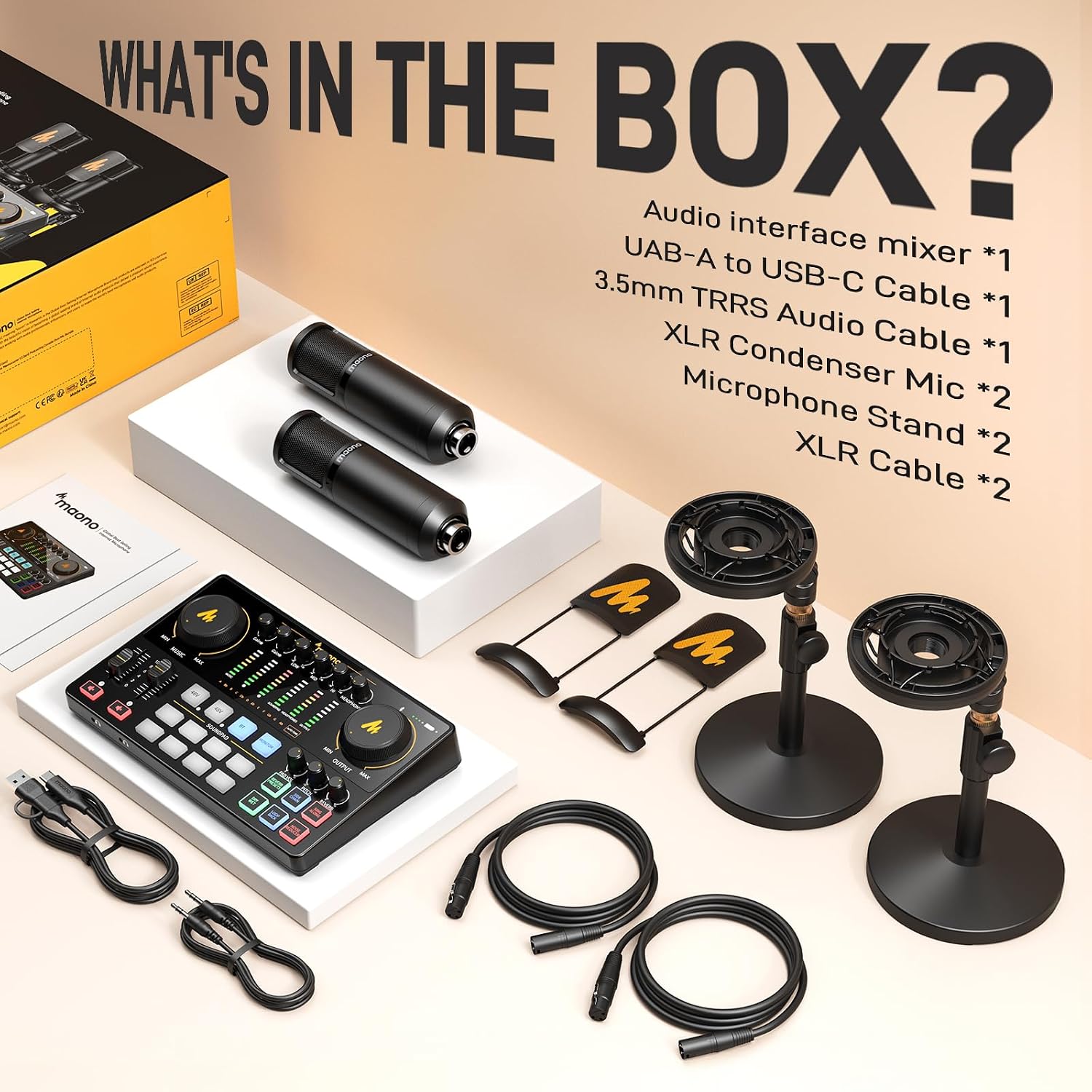MAONO Podcast Equipment Bundle for 2: Audio Interface Mixer with 2 XLR Condenser Mic Noise Reduction Podcast Streaming MaonoCaster E2 Gen2B
