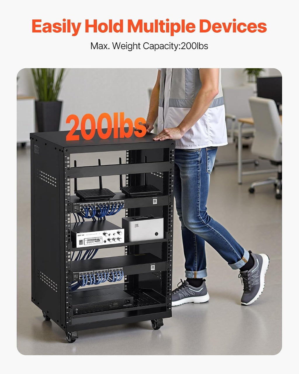 VEVOR 16U AV Rack, Recording Studio Rack Cabinet, Open Frame Server Rack with Locking Caster Wheels, Removable Side Panels & Vent Design for 19' Network, Audio, Video, IT & Network Equipment Mounting
