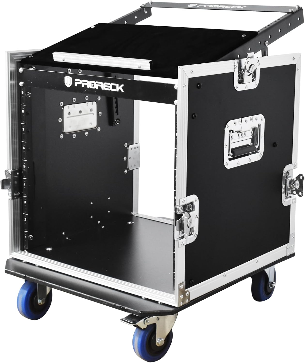 PRORECK 12U Rack/Road Case With Slant Mixer Top, One Side Table And Casters, 20'' Rackable Depth, Plywood, 12U Installation Size, Pro Stage Performance.