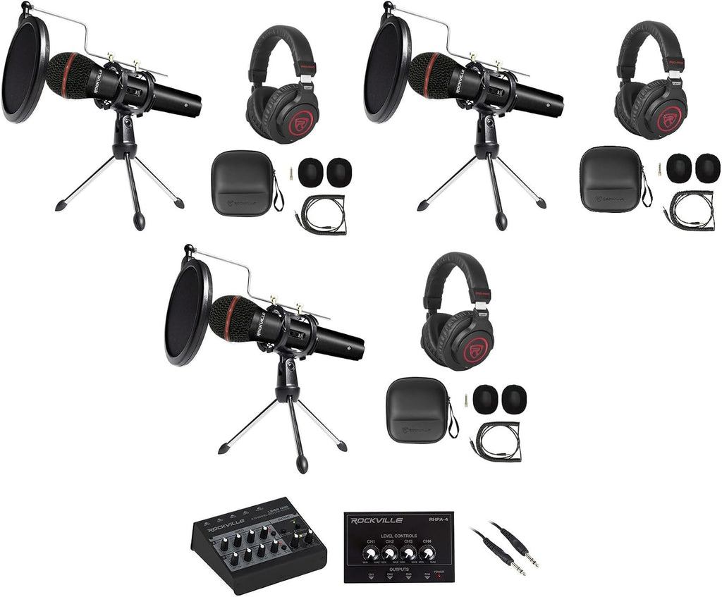 Rockville 3-Person Podcast Recording Package LINE8 USB 8-Channel Mixer and USB Audio Interface with (3) PRO-M50 Headphones, (3) RMIC-SR Mics, Stands, RHPA4 Amp, Cables (12 Items)