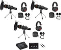 Rockville 3-Person Podcast Recording Package LINE8 USB 8-Channel Mixer and USB Audio Interface with (3) PRO-M50 Headphones, (3) RMIC-SR Mics, Stands, RHPA4 Amp, Cables (12 Items)