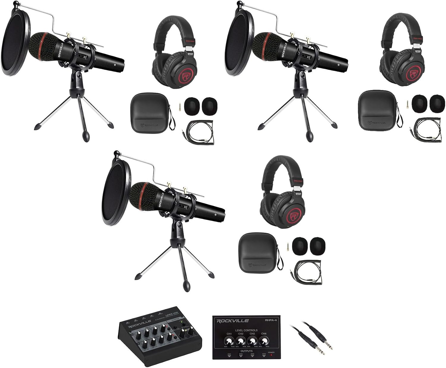 Rockville 3-Person Podcast Recording Package LINE8 USB 8-Channel Mixer and USB Audio Interface with (3) PRO-M50 Headphones, (3) RMIC-SR Mics, Stands, RHPA4 Amp, Cables (12 Items)