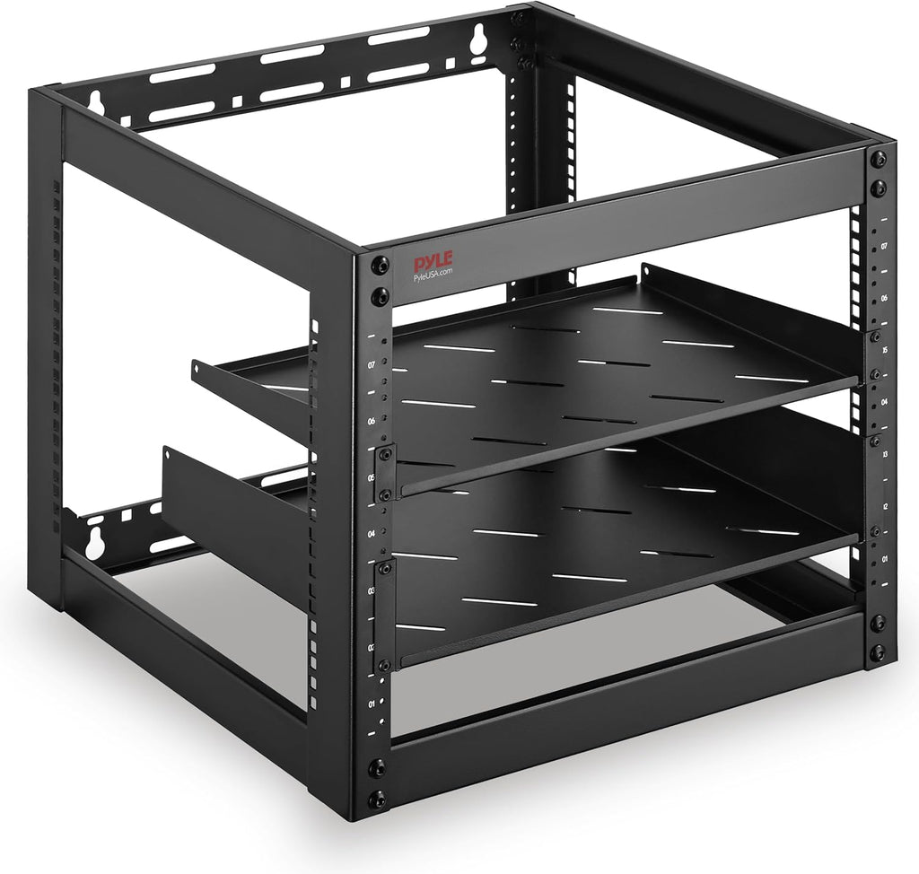 Pyle 10U Network Cabinet - Enclosed Wall Mount Server Rack w/Fan, Lockable Door, Heavy-Duty Wheels, Steel Construction, Vented Shelves, Easy Access, 19' Equipment Compatible, 20 x 20 x 17 in (Black)