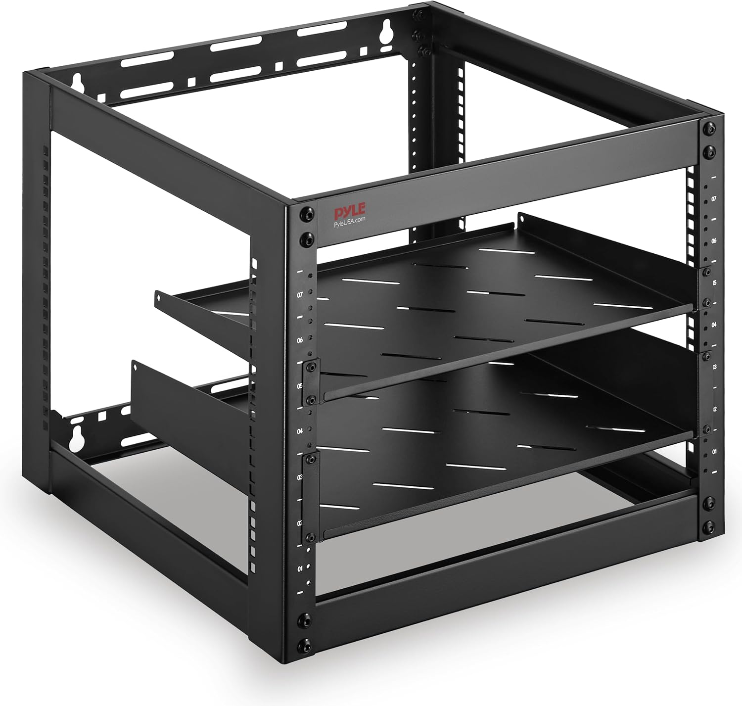 Pyle 10U Network Cabinet - Enclosed Wall Mount Server Rack w/Fan, Lockable Door, Heavy-Duty Wheels, Steel Construction, Vented Shelves, Easy Access, 19' Equipment Compatible, 20 x 20 x 17 in (Black)
