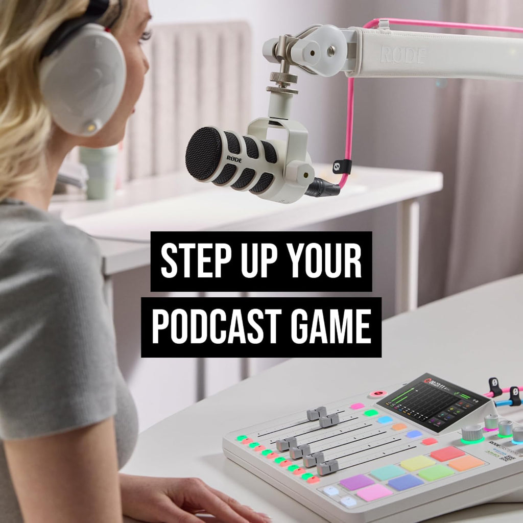 Rode RODECaster Pro 2 (White) Audio Production Studio Bundle with 4x Zoom ZDM-1 Podcast Mic Packs, 32GB microSD Card and StreamEye Polishing Cloth
