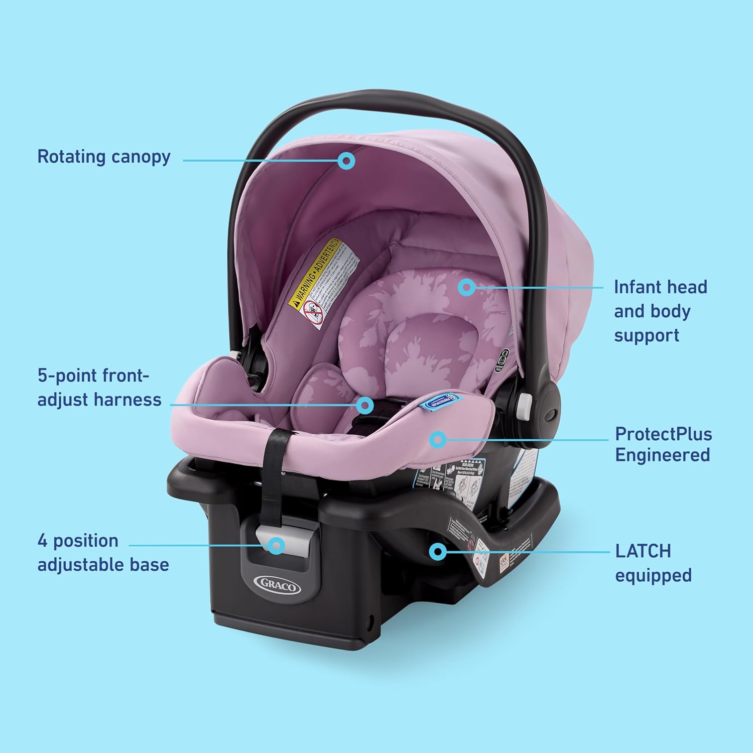 Graco SnugRide Lite LX Infant Car Seat, Lightweight Rear-Facing Seat for Babies 4–30 lb, 4-Position Adjustable Base, Latch Installation & ProtectPlus Engineered, Lilac Mod