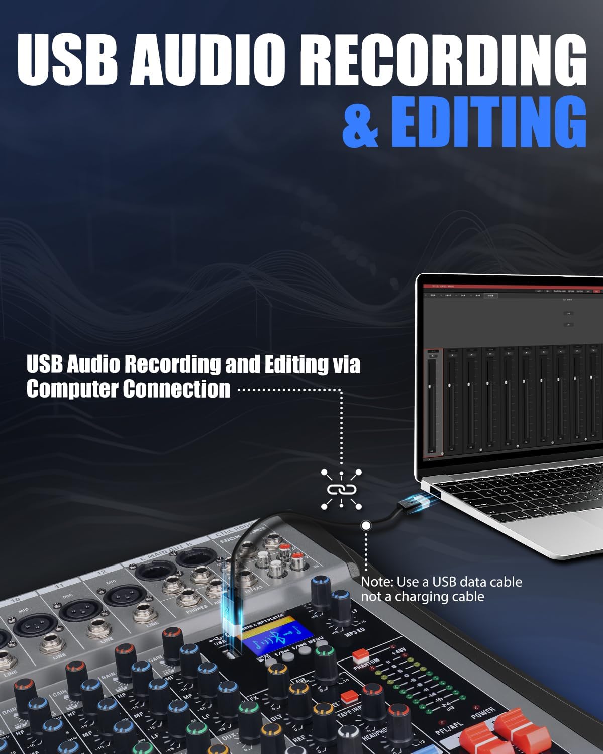 12 Channel mixer professional Audio Mixer, dj mixer with Individual Channel Control and USB Audio Recording & Editing via Computer, All-Metal mezcladora para dj (12 Channel)