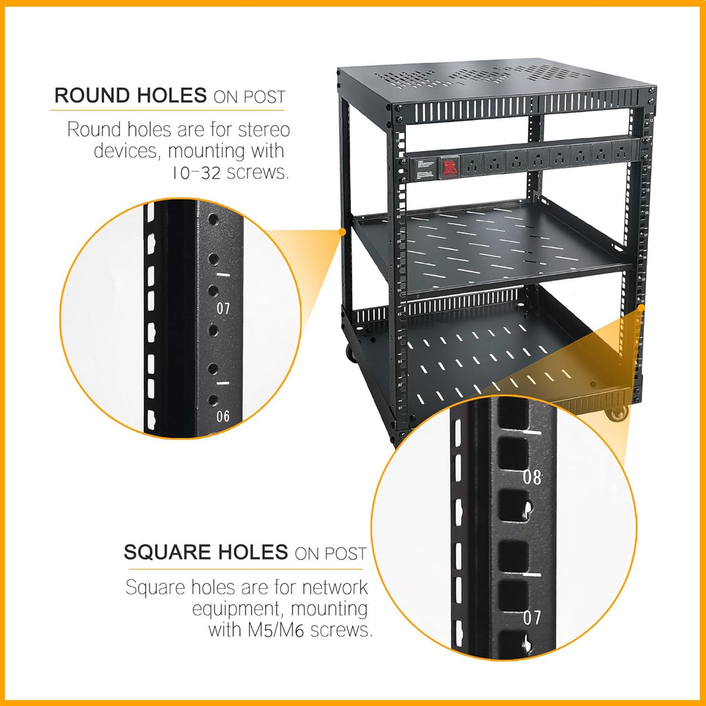 RIVECO 12U Network Rack with Reinforced Top Cover - 4 Post Floor Rack on Wheels for 19' Equipment & Stereo Gear- Including Rack Mount Power Strip & 1PCS 1U Rack Shelf