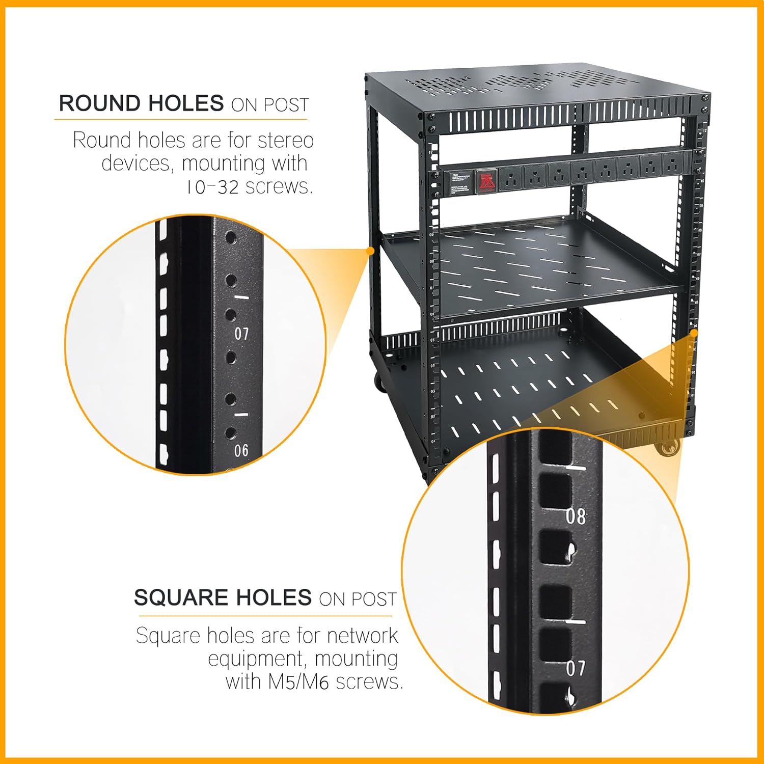 RIVECO 12U Network Rack with Reinforced Top Cover - 4 Post Floor Rack on Wheels for 19' Equipment & Stereo Gear- Including Rack Mount Power Strip & 1PCS 1U Rack Shelf