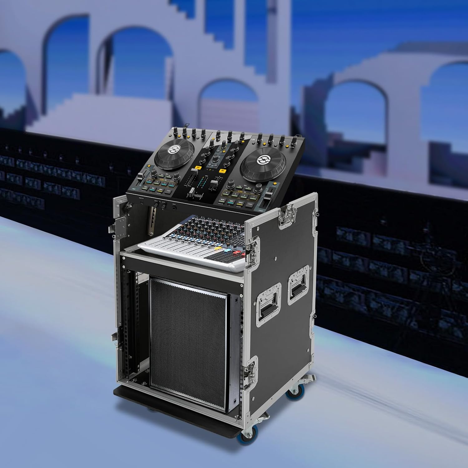10U PA/DJ Rack/Road Case, Professional 10 Space Audio DJ Rack with Wheels, Plywood Audio Stereo Equipment Storage Cabinet with Latches, DJ Amplifier Flight Rack Case