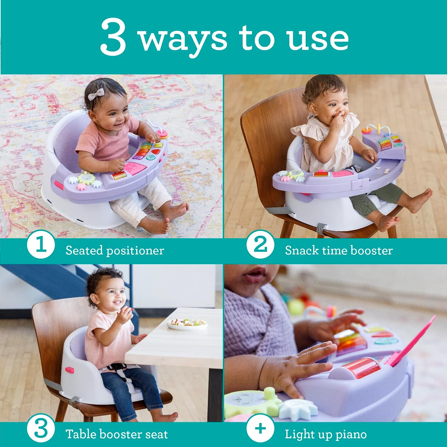 Infantino Music & Lights 3-in-1 Discovery Seat and Booster with Piano - Convertible Infant Activity, Feeding Seat and Table Booster, Lavender and Teal
