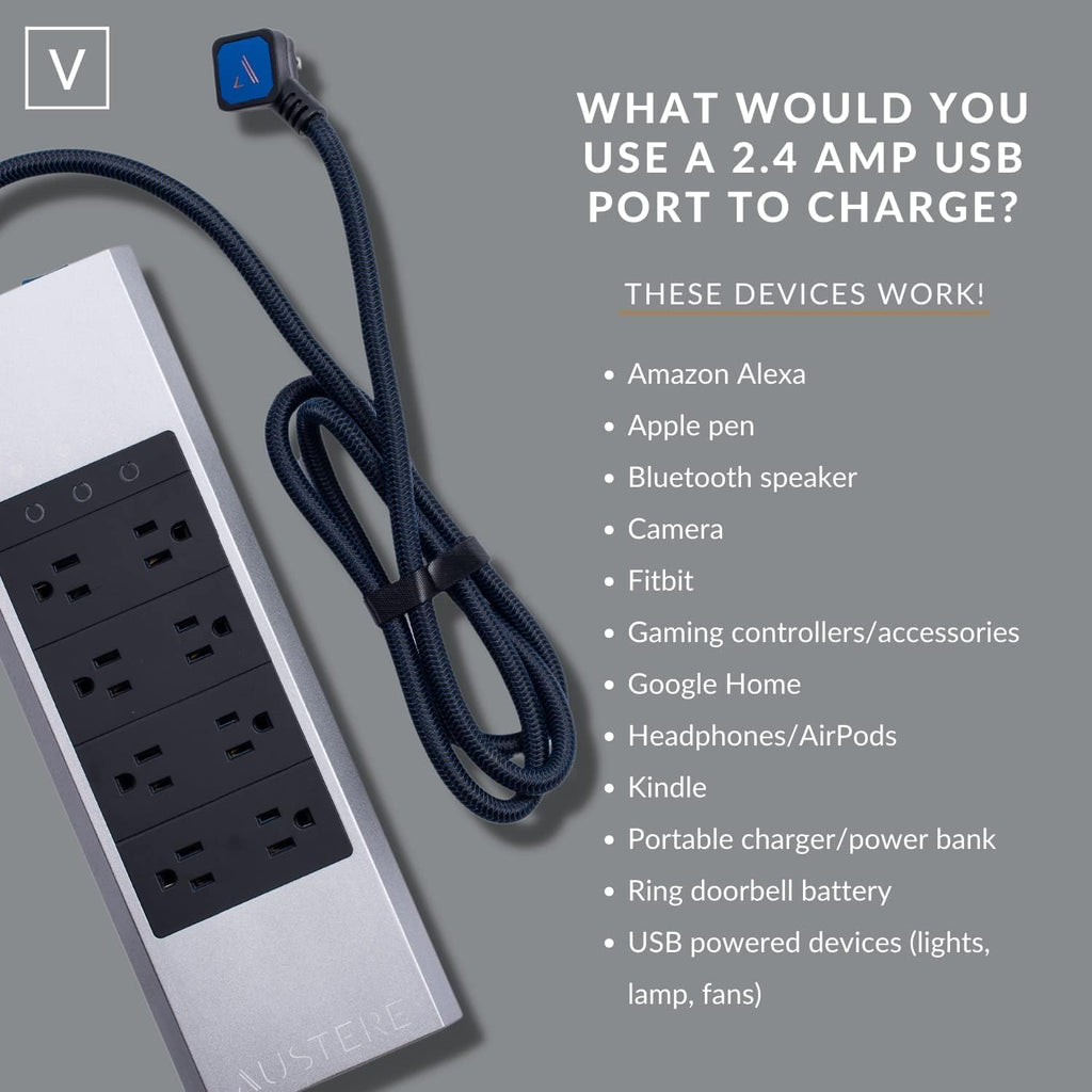 Austere V Series, 8 Outlet Surge Protector Power Strip, 3000 Joules, EMI/RFI Filtering, 3 USB-C and 2 USB-A 2.4 amp Ports, LED Indicators, Overcurrent Protection, 5 Year Component Guarantee