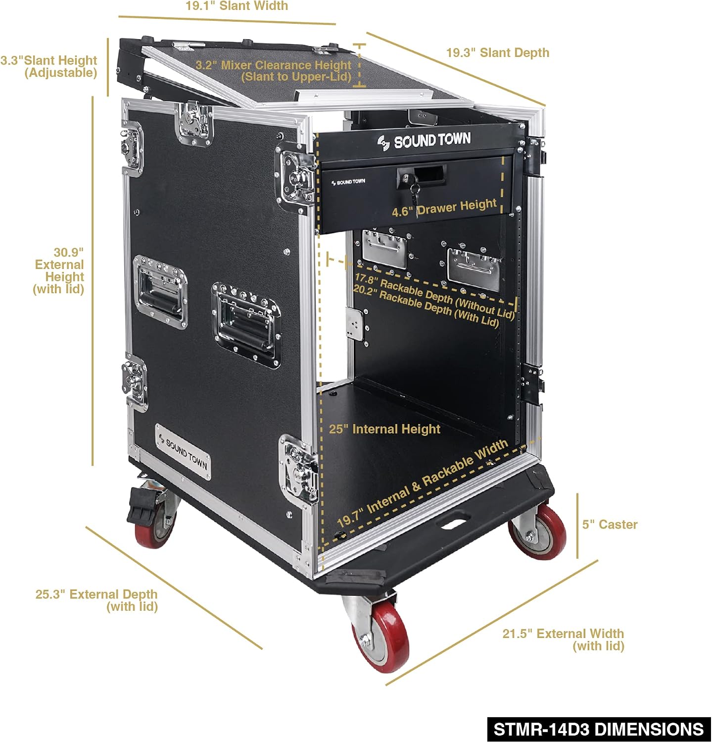 Sound Town Heavy-Duty 1/2' (12mm) Plywood 14U PA DJ Pro Audio Rack/Road ATA Case with 11U Slant Mixer Top, Locking Drawer, 20'' Rackable Depth and Casters (STMR-14D3)