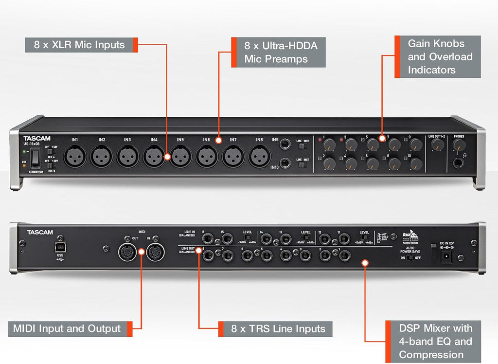 Tascam US-16x08 Rackmount USB Audio/MIDI Interface for Recording, Drum Recording, 8 XLR/8 1/4' Inputs, 8 Outputs, Control Software,Black