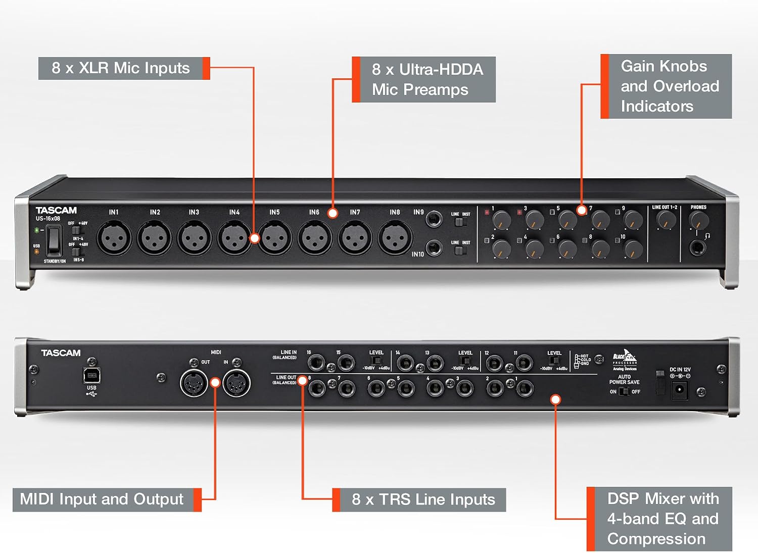 Tascam US-16x08 Rackmount USB Audio/MIDI Interface for Recording, Drum Recording, 8 XLR/8 1/4' Inputs, 8 Outputs, Control Software,Black