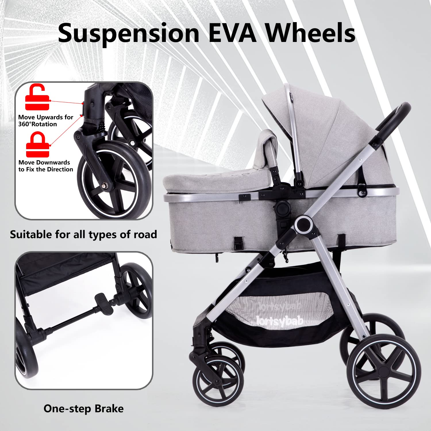 Lortsybab 2-in-1 Baby Stroller - Folding Infant Newborn Pram Stroller with Reversible Seat - Toddler Strollers for 0-36 Months Old Babies (Grey)