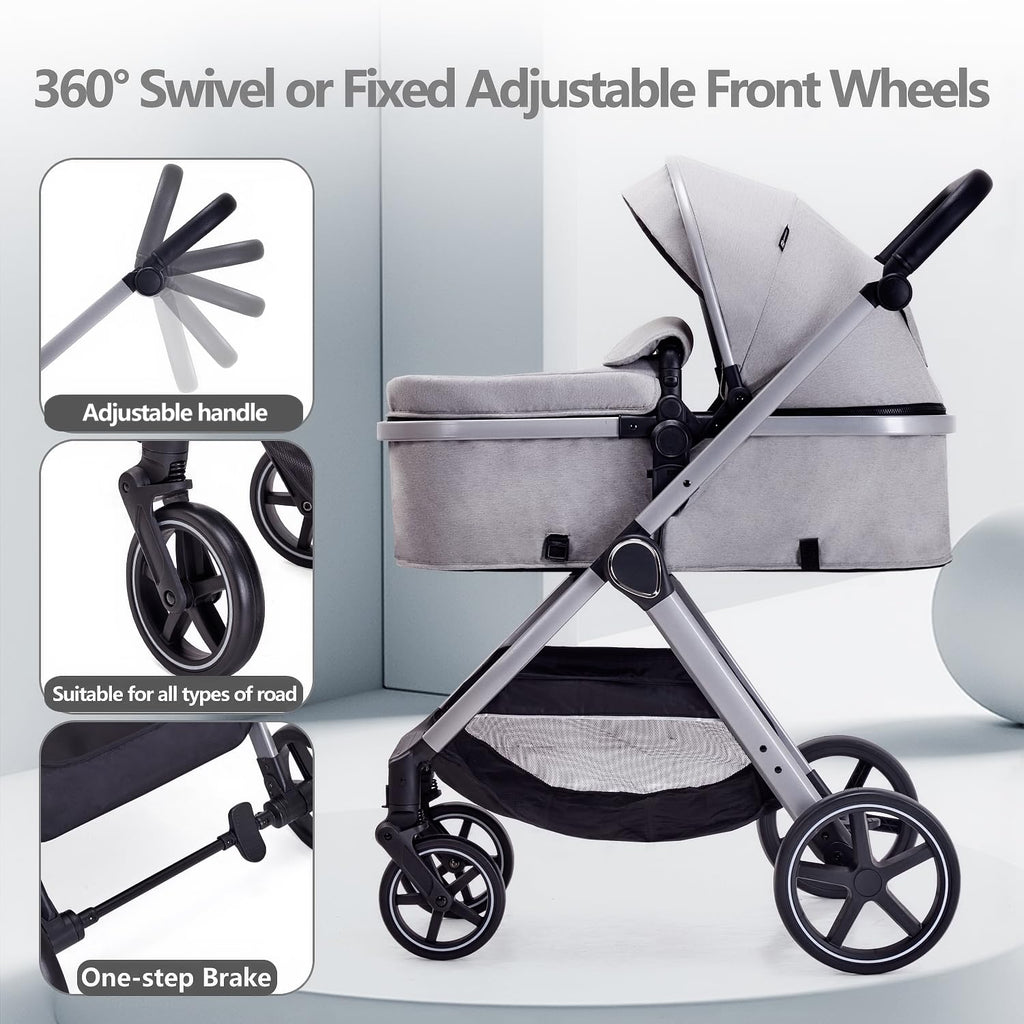 Lortsybab 2 in 1 Baby Stroller, Newborn Infant Toddler Convertible Pram Stroller for 0-36 Months Old Babies (Grey)