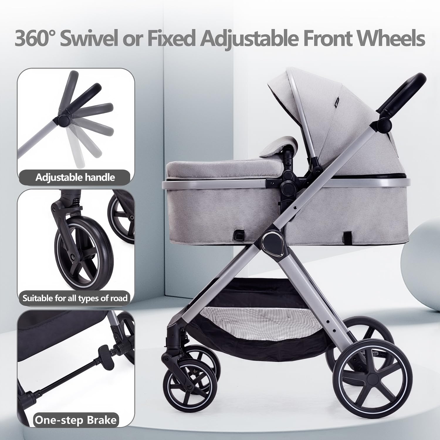 Lortsybab 2 in 1 Baby Stroller, Newborn Infant Toddler Convertible Pram Stroller for 0-36 Months Old Babies (Grey)