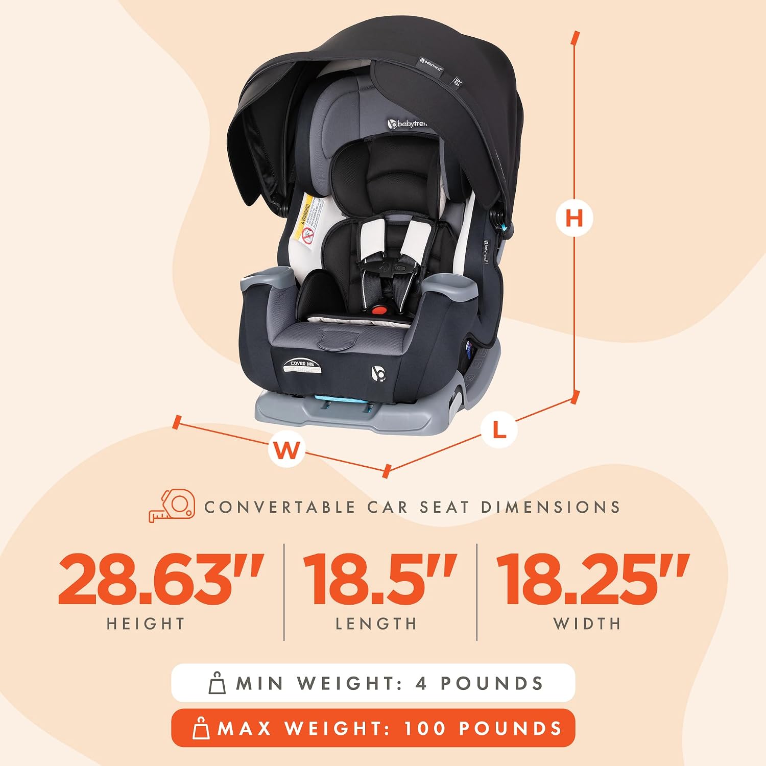 Baby Trend Cover Me 4-in-1 Infant Toddler Convertible Car Seat with Adjustable/Removable Canopy for Sun Protection & 2 Cup Holders, Black