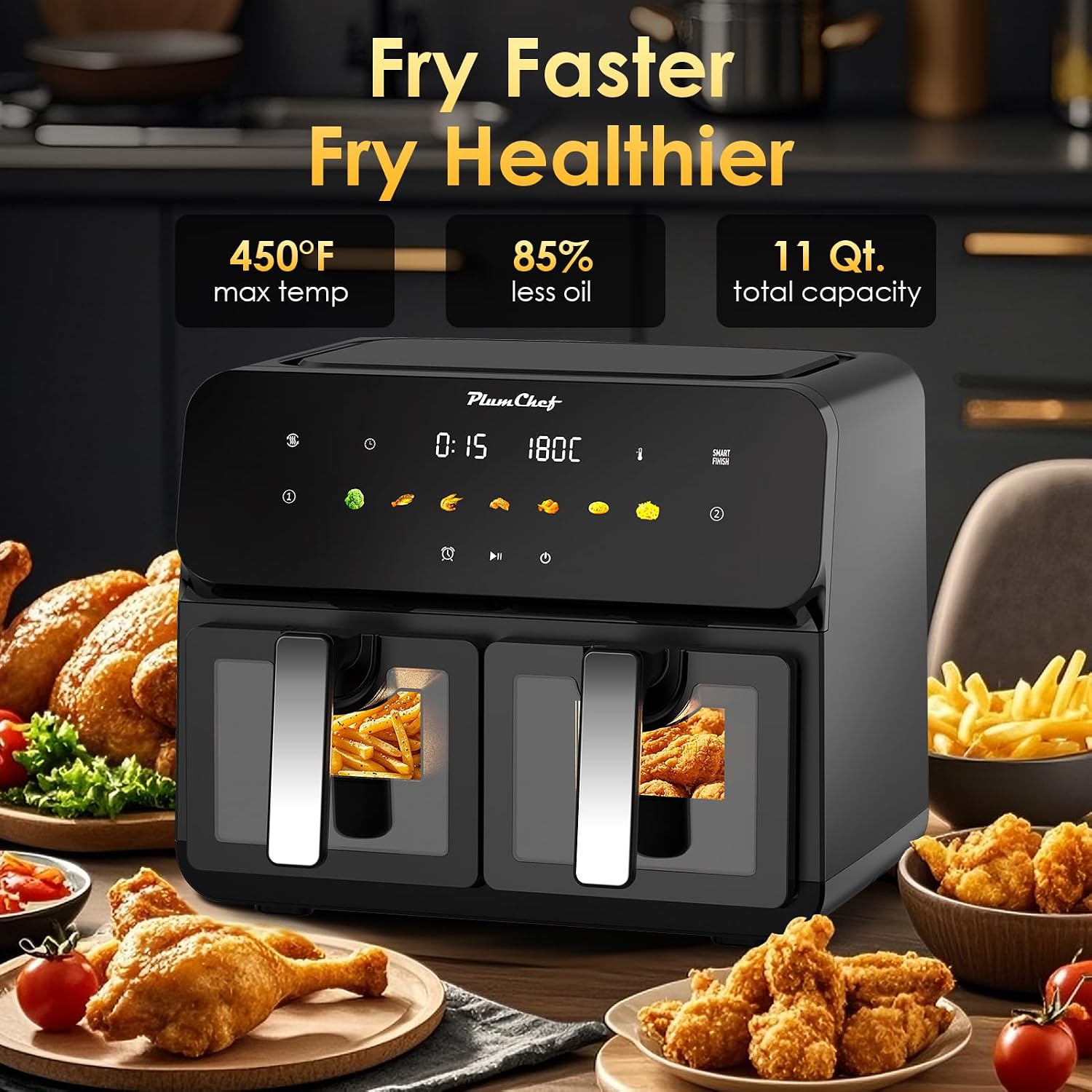 10QT Dual Air Fryer, Double Basket Air Fryer with 2×5QT Baskets, Digital Touchscreen Control, Easy-View Window, SyncCook Function, Cook 2 Dishes at Once for Family of 4-6, 1700W,Black