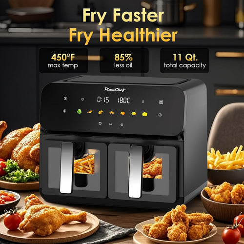 10QT Dual Air Fryer, Double Basket Air Fryer with 2×5QT Baskets, Digital Touchscreen Control, Easy-View Window, SyncCook Function, Cook 2 Dishes at Once for Family of 4-6, 1700W,Black