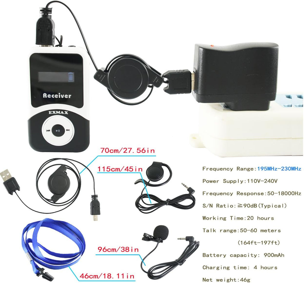 EXMAX ATG-100T 195MHz Wireless Tour Guide System Headsets Voice Transmission For Simultaneous Church Translation Translator Interpretation Equipment Teaching Conference Trip(1 Transmitter 6 Receivers)