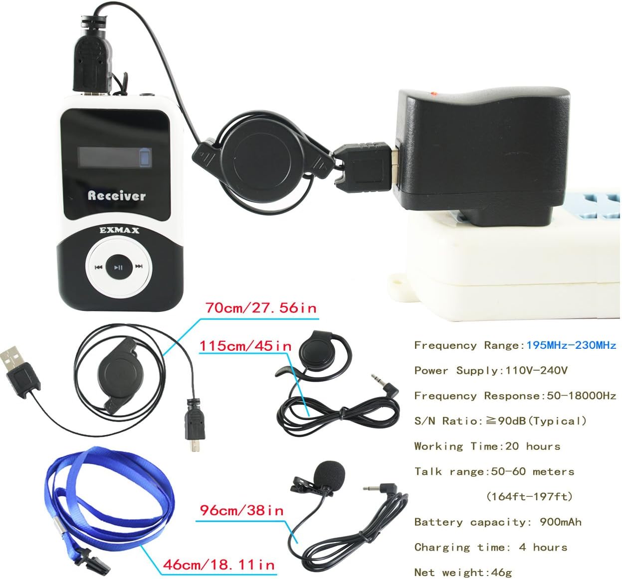 EXMAX ATG-100T 195MHz Wireless Tour Guide System Headsets Voice Transmission For Simultaneous Church Translation Translator Interpretation Equipment Teaching Conference Trip(1 Transmitter 6 Receivers)