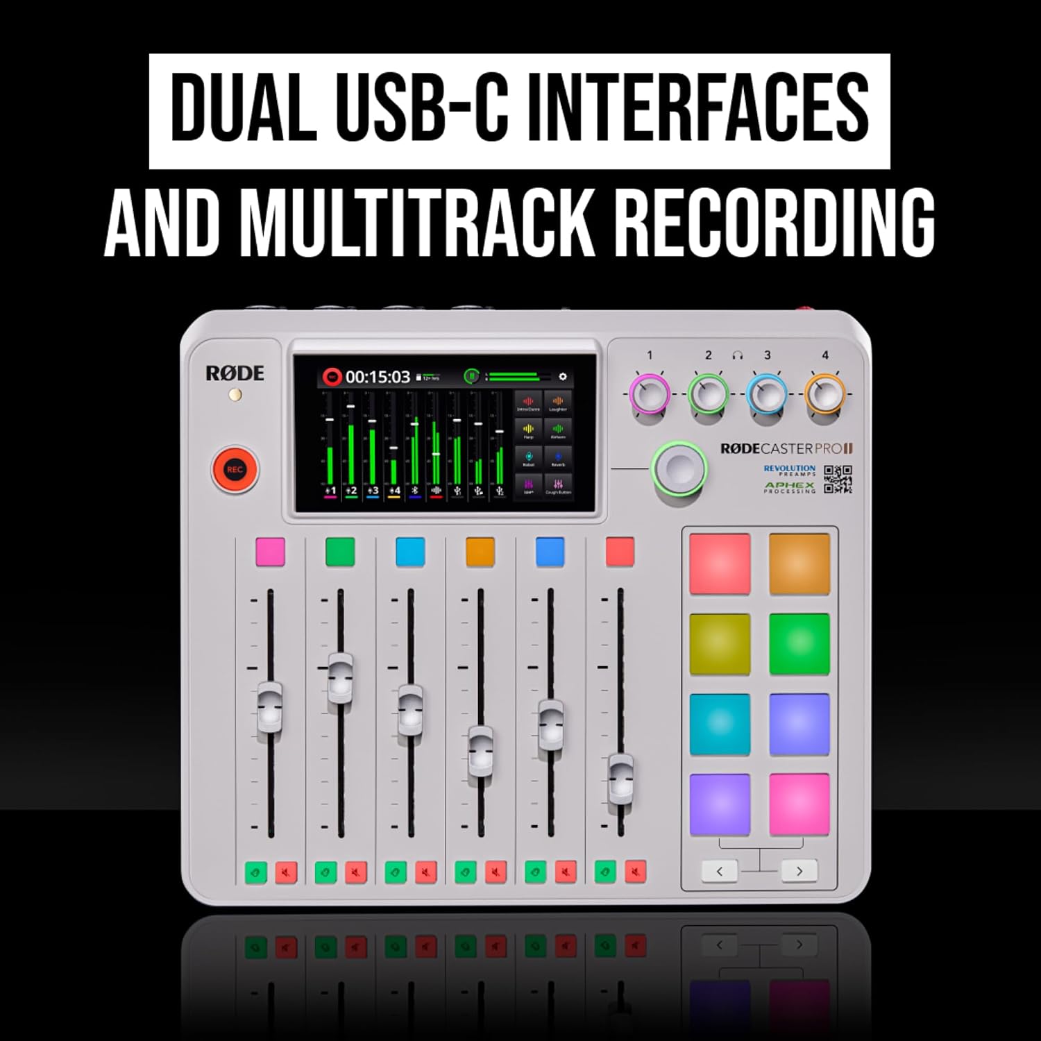 Rode RODECaster Pro 2 (White) Audio Production Studio Bundle with 4x Zoom ZDM-1 Podcast Mic Packs, 32GB microSD Card and StreamEye Polishing Cloth